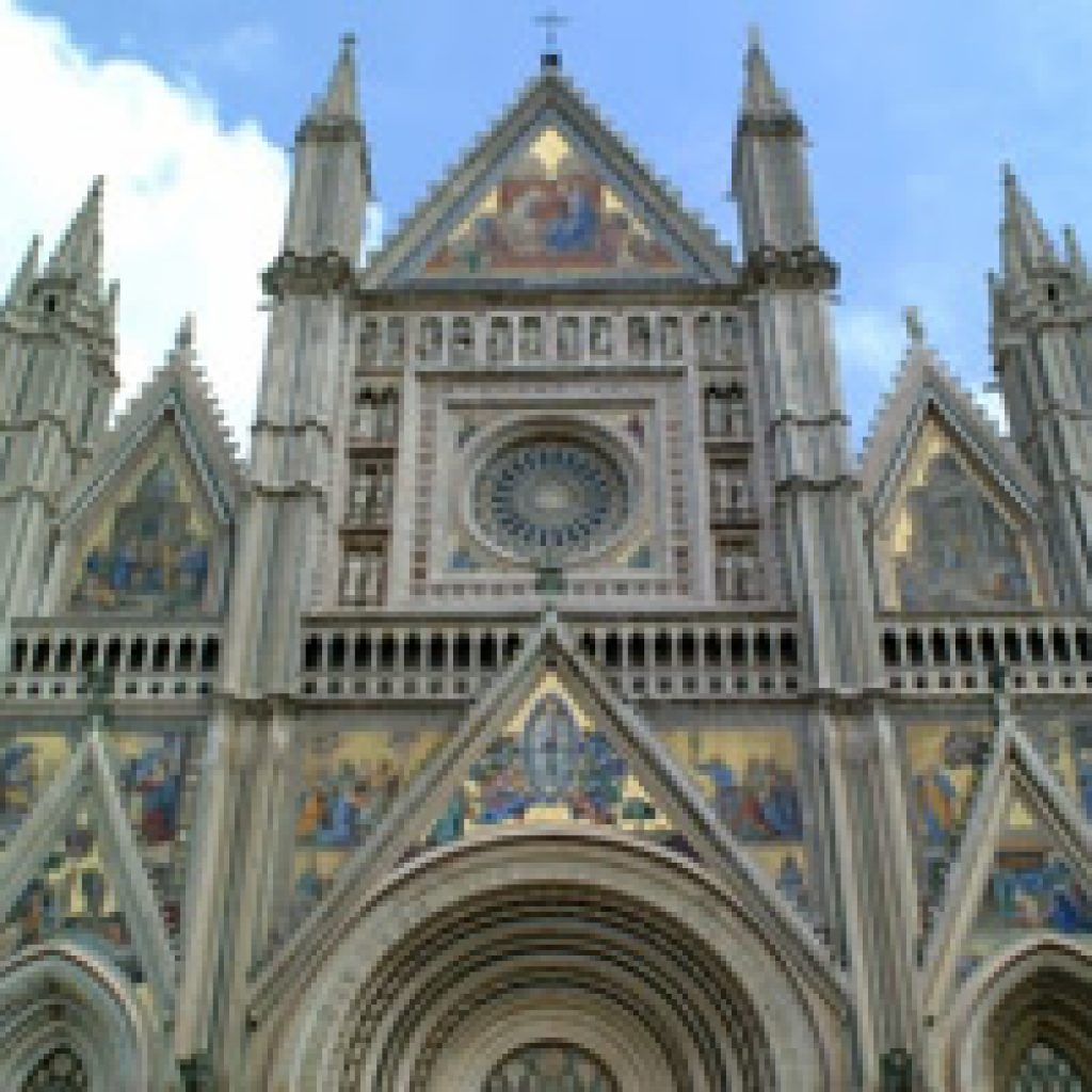 A wide area of the Orvieto Cathedral façade is decorated with mosaics that were conceived and carried out following a precise iconographic programme.